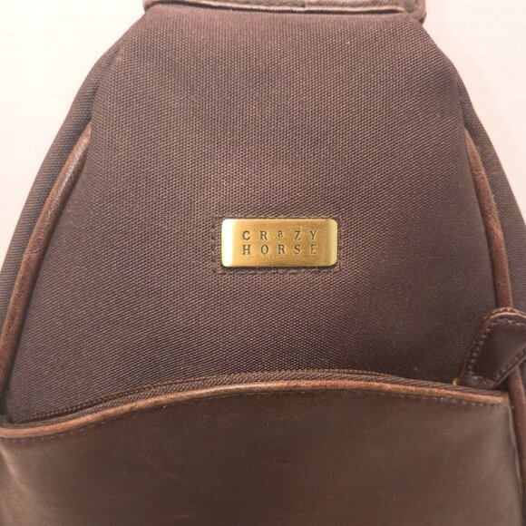 '90s CRAZY HORSE/Liz Claiborne Brown Leather & Nylon 2-Way Daypack Sling Bag - Picture 5 of 14